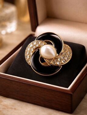 Monet Black and Gold Pearl Accent Flower Brooch